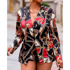 Scarf Chain Lapel Collar Single Button Tailored Blazer & Shorts Set - Multicolor