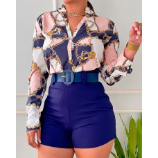 Scarf Chain Print Button Down Shirt & Shorts Set - blue