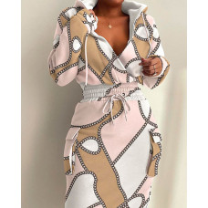 Scarf Chain Print Drawstring Hooded Sweatshirt Dress - pink