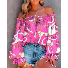 Scarf Chain Print Off Shoulder Lantern Sleeve Top - hot pink