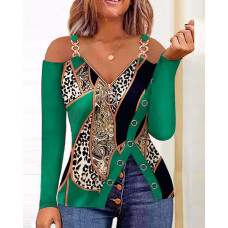 Scarf Leopard Print Zip Detail Cold Shoulder Top - green