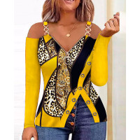 Scarf Leopard Print Zip Detail Cold Shoulder Top - yellow