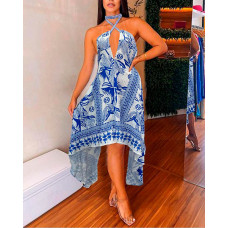 Scarf Plants Print Halter Backless Asymmetrical Dress - blue