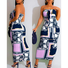 Scarf Print Bandeau Bodycon Dress - purple