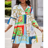 Scarf Print Bell Sleeve Buttoned Casual Dress - style3