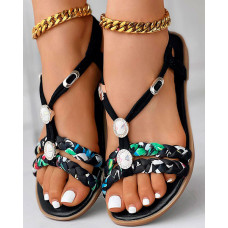 Scarf Print Braided Strap Slingback Beach Sandals - black