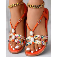 Scarf Print Braided Strap Slingback Beach Sandals - orange