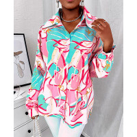 Scarf Print Lantern Sleeve Button Down Shirt - Multicolor