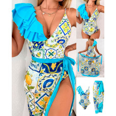 Scarf Print Ruffle Hem One-Piece Swimsuit With Cover Up - Lighted Blue