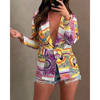 Scarf Print Single Button Pocket Decor Blazer Coat - Multicolor