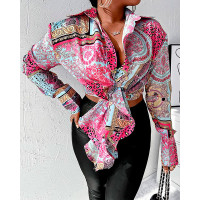 Scarf Print Tie Front Long Sleeve Shirt - Multicolor