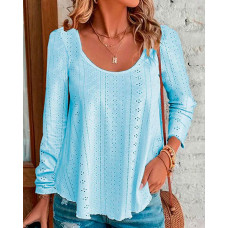 Scoop Neck Eyelet Embroidery Casual Top - blue