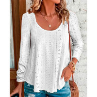 Scoop Neck Eyelet Embroidery Casual Top - white