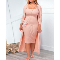 Scoop Neck Spaghetti Strap Dress & Coat Set - pink