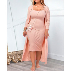 Scoop Neck Spaghetti Strap Dress & Coat Set - pink