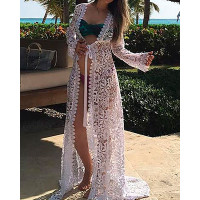 See Through Crochet Scapllop Hem Lace Cover Ups - white