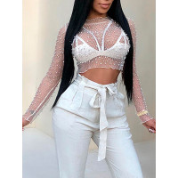 See Through Mesh Beaded Crop Top - white