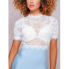 See Through Mesh Rose Cropped Blouse - white