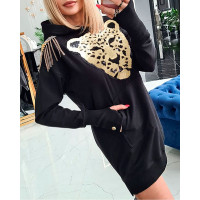 Sequin Animal Pattern Hooded Sweatshirt Dress - black