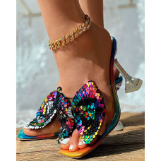 Sequin Bowknot Design Clear Pyramid Heels - Multicolor