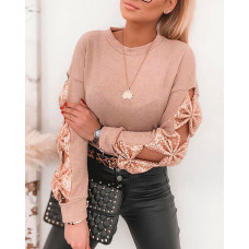 Sequin Bowknot Design Long Sleeve Knit Top - Apricot