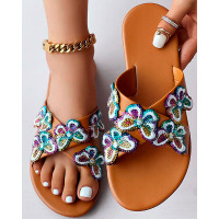 Sequin Butterfly Embroidery Slippers Cross Strap Sandals - Multicolor