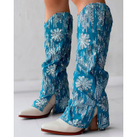 Sequin Floral Pattern Slit Chunky Heel Denim Boots - blue