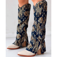 Sequin Floral Pattern Slit Chunky Heel Denim Boots - purplish blue