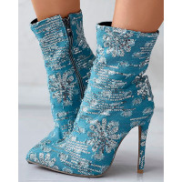 Sequin Floral Pattern Stiletto Heel Ankle Boots - light blue