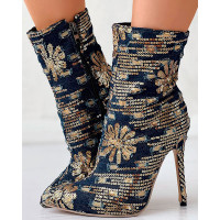 Sequin Floral Pattern Stiletto Heel Ankle Boots - purplish blue