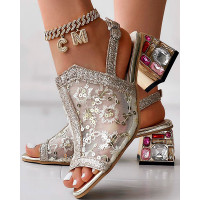 Sequin Gemstone Decor Slingback Chunky Heel Sandals - gold