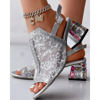 Sequin Gemstone Decor Slingback Chunky Heel Sandals - silver