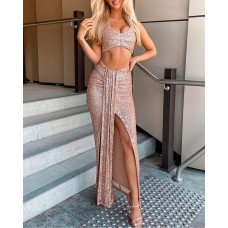 Sequin Halter Crop Top & Split Thigh Skirt Set - pink