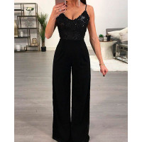 Sequined Open Back Wide Leg Jumpsuit - black