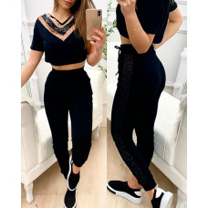 Sequins Short Sleeve Top & Drawstring Pants Set - black