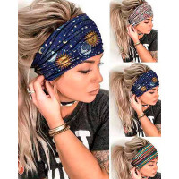 Serape Striped Floral Sun Moon Star Print Yoga Sports Headband - blue