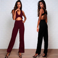 Sexy Backless Front Cut Out Loose Leg Jumpsuit - black