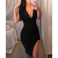 Sexy Deep V Scalloped Split Bodycon Dress - black