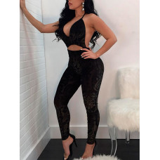 Sexy Halter Cutout Open Back Jumpsuit - black