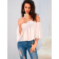 Sexy Off Shoulder 3/4 Sleeve Pleated Casual Blouse - blue,white,black