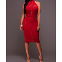 Sexy Rivet Mock Neck Skinny Midi Dress - red,black