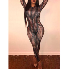 Sexy Sheer Mesh Printed Slinky Jumpsuits - black