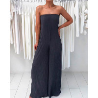 Sexy Solid Pleated Strapless Wide Leg Jumpsuit - Dark grey