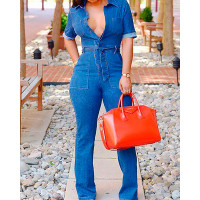 Sexy Tied Waist Pocket Denim Jumpsuits - dark blue