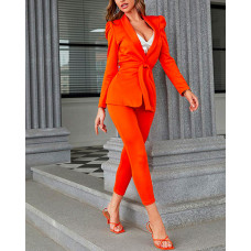 Shawl Collar Puff Sleeve Belted Blazer & Pants Set - orange