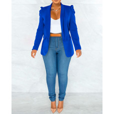 Shawl Collar Puff Sleeve Pocket Design Blazer Coat - blue