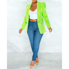 Shawl Collar Puff Sleeve Pocket Design Blazer Coat - green