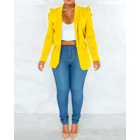 Shawl Collar Puff Sleeve Pocket Design Blazer Coat - yellow