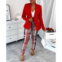 Shawl Collar Single Button Blazer & Plaid Pants Set - Wine red