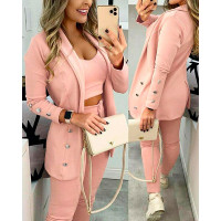 Shawl Neck Buttoned Blazer Coat & Pants Set With Belt - pink